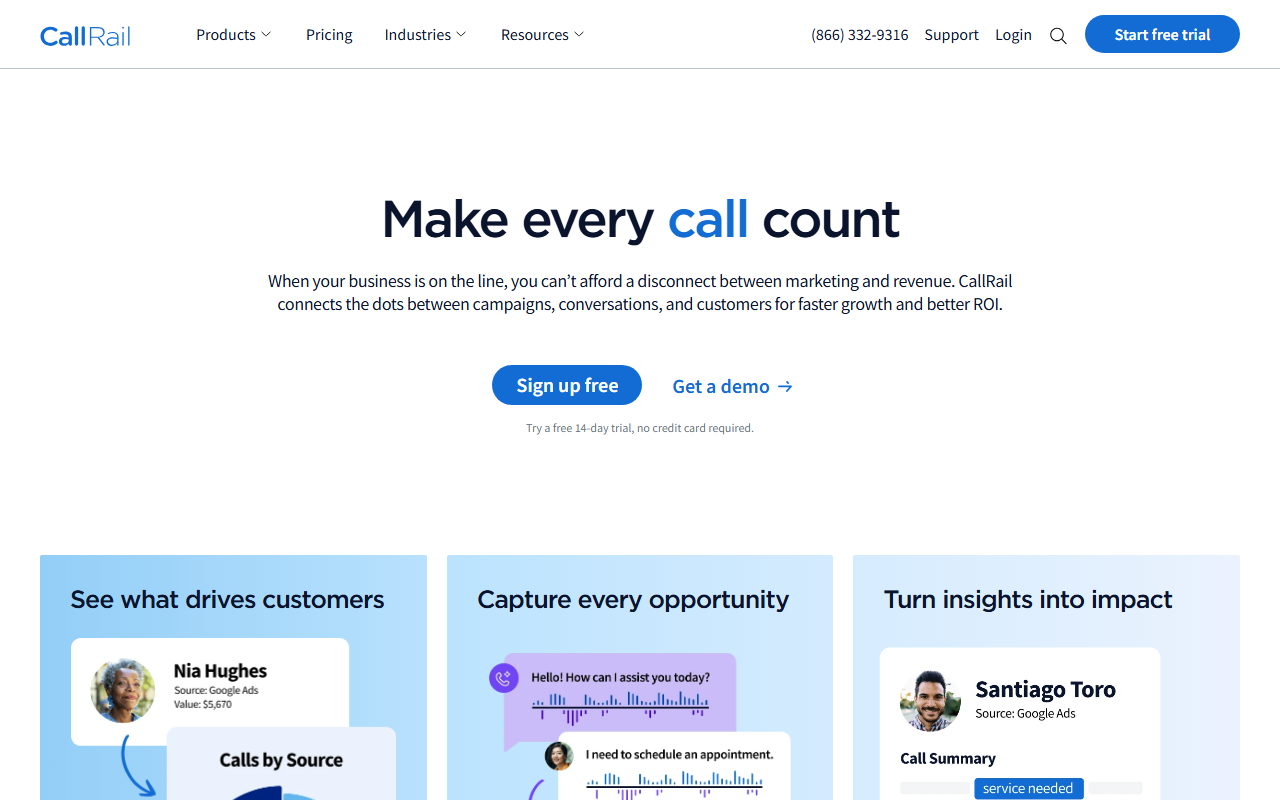 Screenshot of the CallRail homepage captured for the Aliomis review