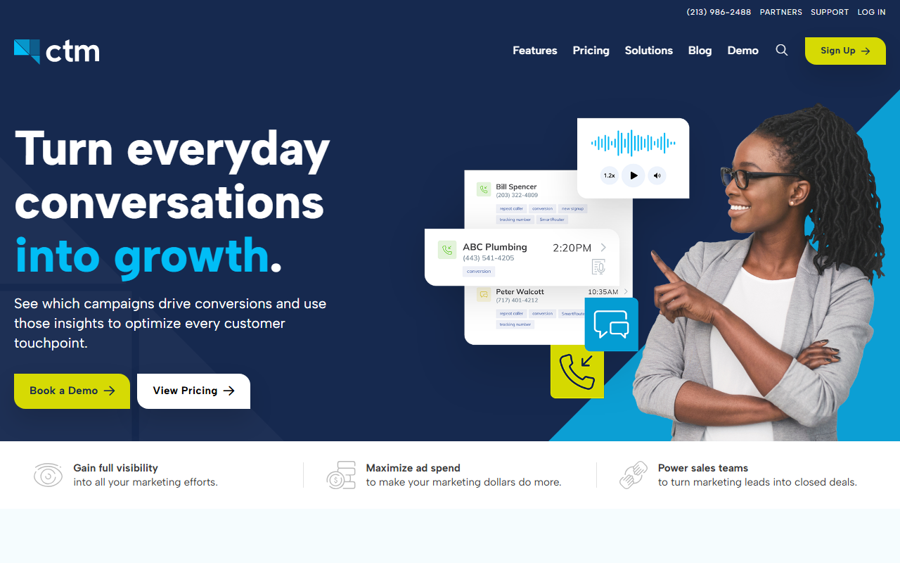 Screenshot of the CallTrackingMetrics homepage captured for the Aliomis review