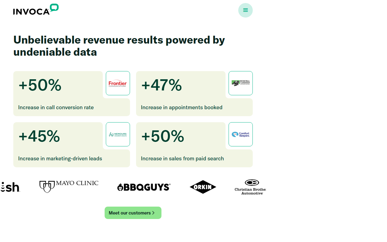 Screenshot of the Invoca homepage captured for the Aliomis review